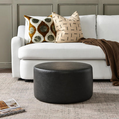 KINWELL Modern Faux Leather Round Upholstered Ottoman, Multi-Functional Sofa Footrest, Side Table, Extra Seating for Living Room, Bedroom (Black, 24" D x 24" W x 13" H)