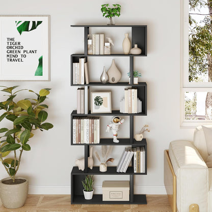 Yusong Geometric Bookcase, S Shaped Bookshelf 6-Tier Book Shelves for Bedroom, Modern Wood Decorative Display Shelf Tall Book Case for Home Office, Black and White