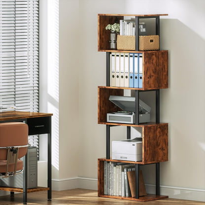 Furologee 6 Tier Bookshelf, S Shaped Geometric Bookcase, Rustic Brown