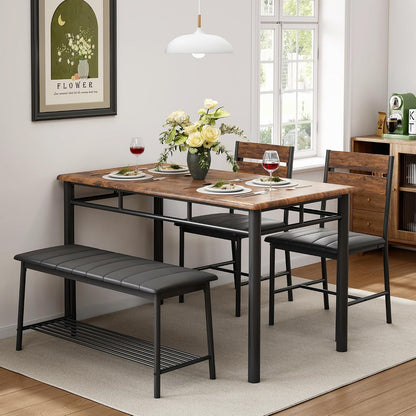 IRONCK Dining Table Set for 4, Kitchen Table and Chairs Set, Rustic Brown | Kitchen Table with Upholstered Bench and 2 Chairs for Small Space, Apartment