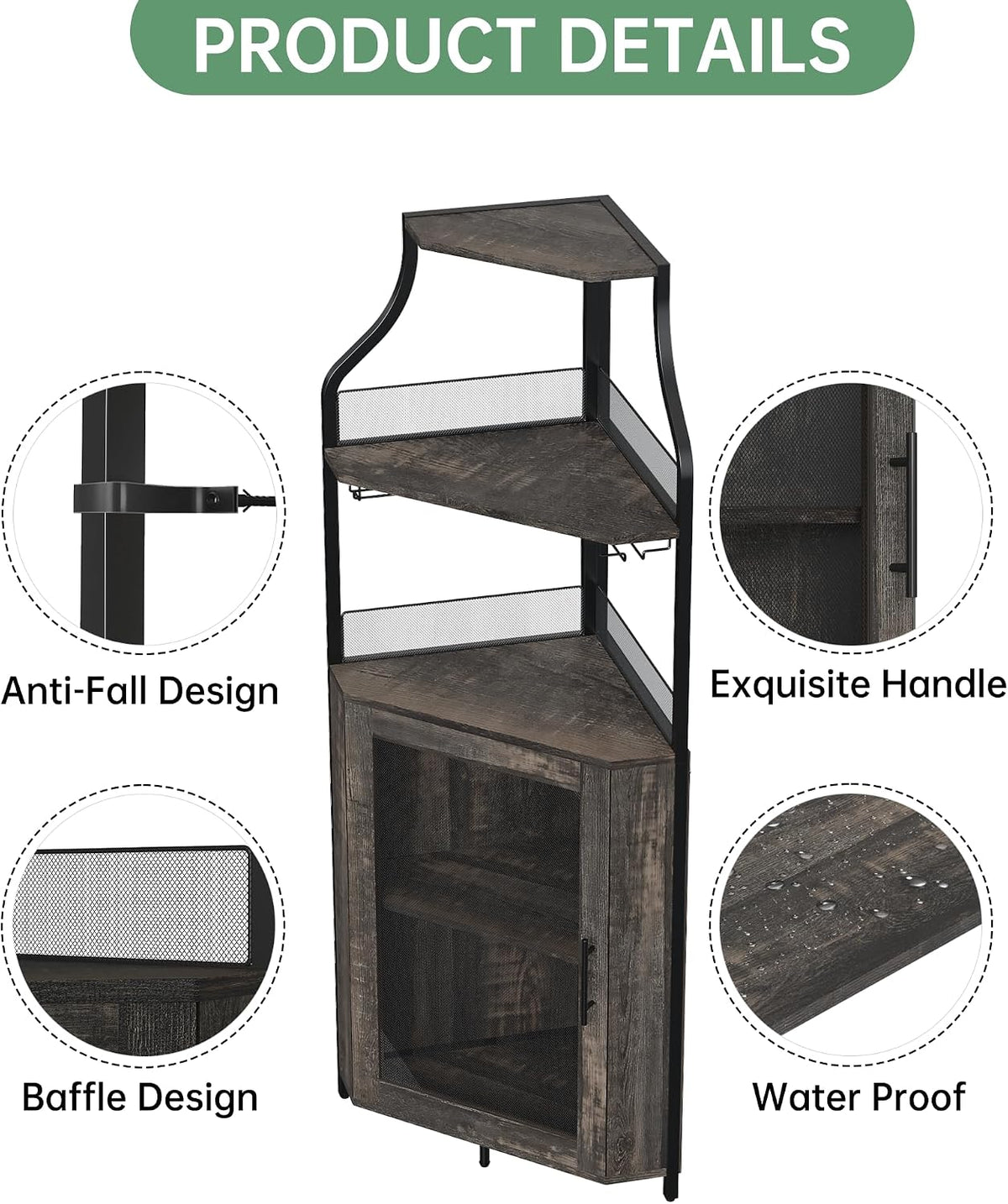 Garvee Corner Wine Rack Cabinet for Liquor Cabinet with Adjustable Shelves, 61 in Industrial Tall Bar Cabinet Freestanding with Mesh Door and Glass Holder for Kitchen, Rustic Brown