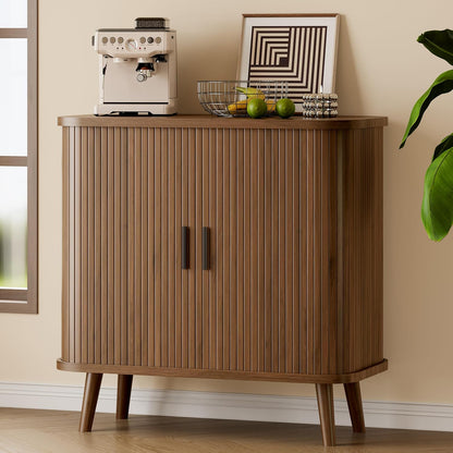 Sideboard Buffet Cabinet with Sliding Door, 31.5" Wide Fluted Modern Accent Storage Cabinet with Adjustable Shelves, Wood Coffee Bar Buffet Console Table for Kitchen, Dining Room, Living Room, Walnut