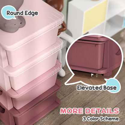 Qaba 4 Drawers Kids Storage Unit 4 Tier Toy Organizers Pink | Stackable Storage Chest, Bedroom, Nursery, Playroom, Living Room, Boys, Girls, Toddlers