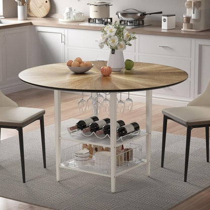 VFK 47'' Round Dining Table Set for 4-6, Farmhouse Kitchen Table with 4 Chairs & Storage Rack, Rustic Wood Dining Set with Sturdy Metal Base for Dining Room & Living Room