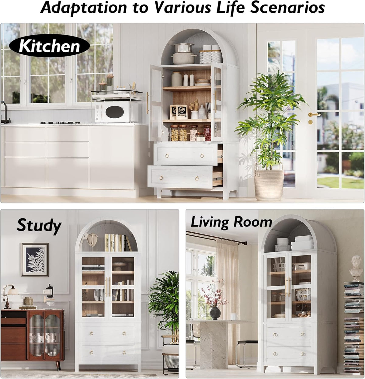 Merax 71'' Tall Arched Kitchen Pantry Cabinet, Farmhouse Kitchen Storage Cabinets with 2 Large Drawers and Adjustable Shelves, Versatile Cupboard for Kitchen, Dining Room, Bathroom,White