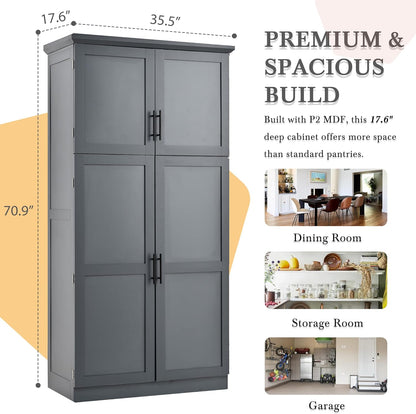Polibi Freestanding Pantry Cabinet 35.5"x17.6"x70.9", Tall 4-Door Kitchen Storage with 8 Pull-Out Trays, 2 Door Shelves & Adjustable Shelf, for Dining Room (Gray)