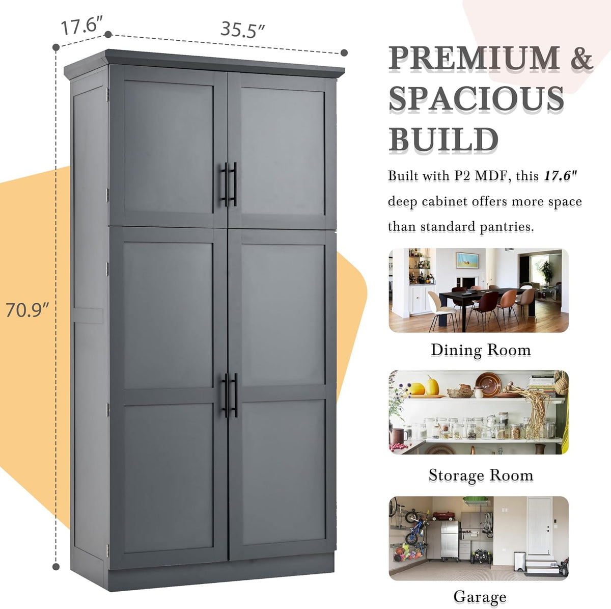71" Tall Kitchen Pantry Cabinet, Freestanding Food Storage Pantry with 4 Doors, 8 Pull-Out Trays and Adjustable Shelves, Wood Storage Cupboard for Kitchen, Dining Room,Gray