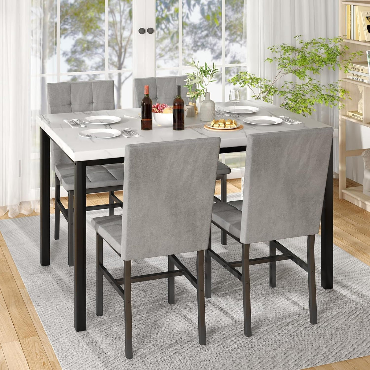 Hooseng Dining Room Table Set 5 Piece Dining Table Set Marble Dining Table 4 Chair Dining Table Set for Kitchen Living Room Breakfast Small Spaces (White & Grey)