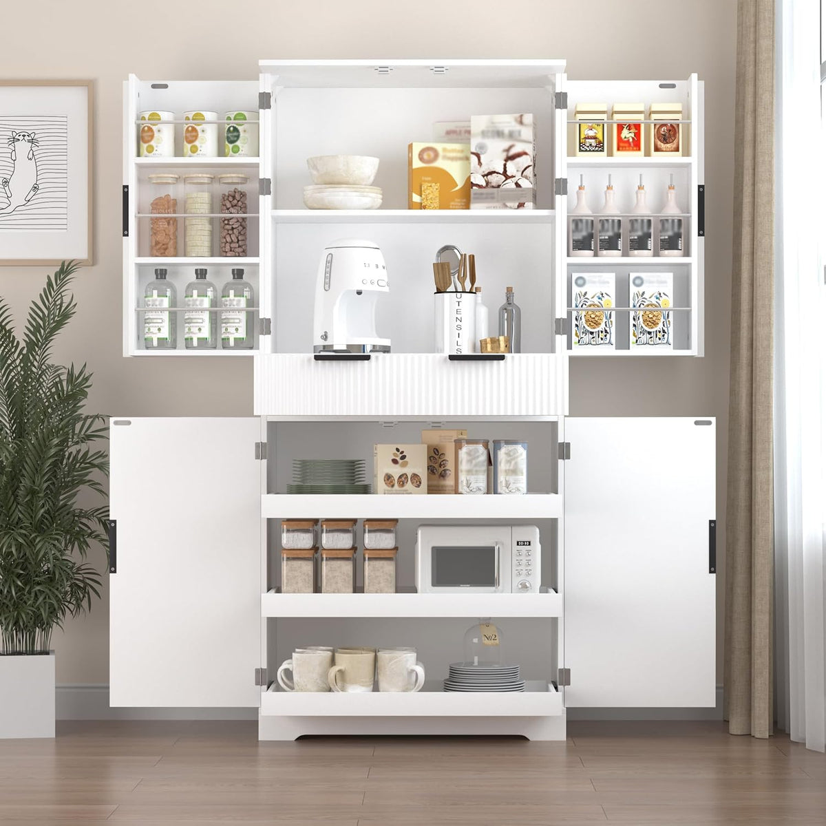 Modern Kitchen Pantry Cabinet, 71" Height Tall Freestanding Cupboard with a Drawer,3 Sliding Rack,6 Hanging Shelves,Fluted Kitchen Organizer Storage Cabinet for Dining Room Living Room (White-1)