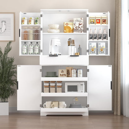 Modern Kitchen Pantry Cabinet, 71" Height Tall Freestanding Cupboard with a Drawer,3 Sliding Rack,6 Hanging Shelves,Fluted Kitchen Organizer Storage Cabinet for Dining Room Living Room (White-1)