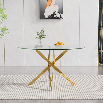 47" Round Glass Dining Table for 4-6, Circle Kitchen Table with Tempered Glass Top & Gold Metal Cross Legs, Modern Glass Dinner Table for Kitchen Dining Room Small Apartment