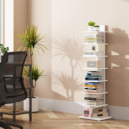 TUTOTAK Narrow Bookshelf, 8-Tier Bookcase, Spine Book Shelf for Small Space, Corner Standing Shelf for Living Room, Office, Study, Entryway, White BS06BW008