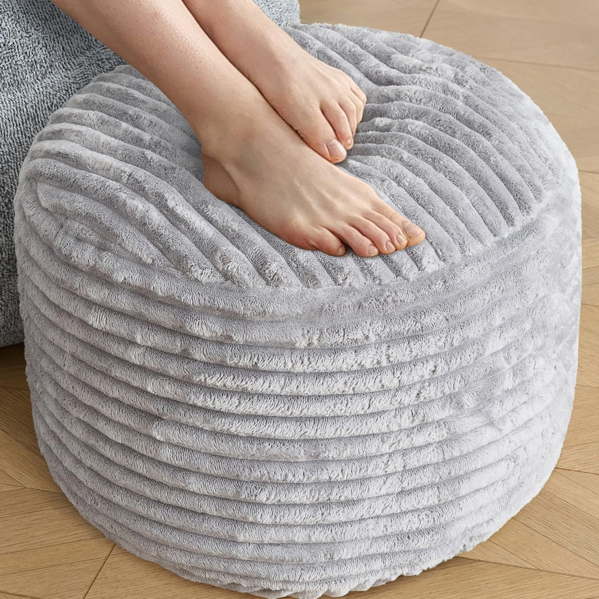 SHOUREN Stuffed Round Ottoman,Pouf Ottoman Foot Rest,20 X 15 in,Light Grey | Corduroy Cover,Memory Foam Filler,Pouf Storage Ottoman Footstool for Living Room,20 X 15 Floor Poufs for Couch,Footrest Only