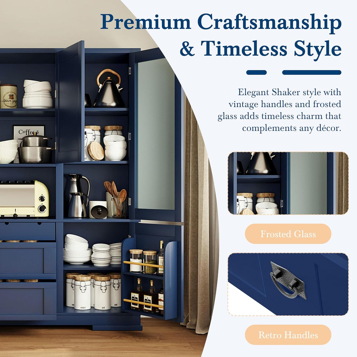 Large Pantry Storage Cabinet with Adjustable Shelves and Drawers, Freestanding Buffet Cabinet Cupboard with Hutch and Door Shelf for Dining Room, Kitchen (Blue)