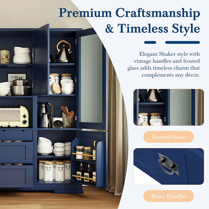 Large Pantry Storage Cabinet with Adjustable Shelves and Drawers, Freestanding Buffet Cabinet Cupboard with Hutch and Door Shelf for Dining Room, Kitchen (Blue)