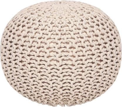 · REDEARTH · Round Pouf Ottoman - Hand Knitted Boho Poof Footrest - Ivory