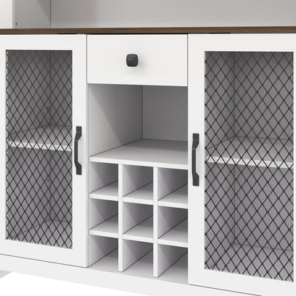 70.9" Farmhouse Kitchen Hutch Cabinet with Charging Station, 2 AC Outlets & 2 USB Ports, Built-in Wine Rack for 9 Bottles, Stemware Holder & LED Light, Freestanding Pantry Storage Cabinet (White)