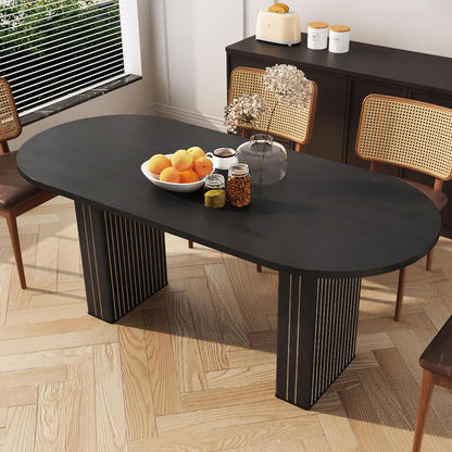 70.8 Inch Kitchen Dining Table for 4-6 People, Oval Kitchen Table with Wood Strip Base, Modern Farmhouse Large Round Dining Room Tables for Home Living Room (Black)