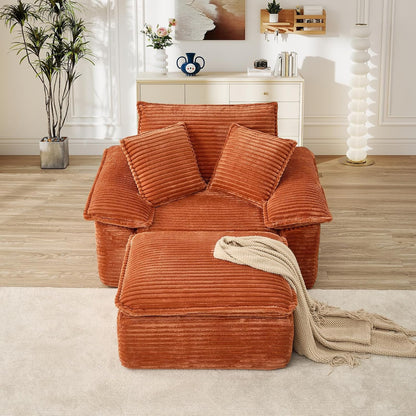 Oversized Chaise Lounge Chair Indoor with Ottoman, Upholstered Corduroy Modern Sofa Chair, Deep Seat Comfy Reading Armchair, Sleeper Sectional Couch for Living Room/Bedroom(47.6"W, Orange)