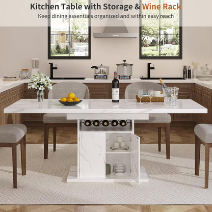 Extendable Dining Table for 4-6, 47-63in Expandable Kitchen Rectangle Dining Table with Removable Leaves, Modern Faux Marble Kitchen Table with Storage for Kitchen Living Room, White Faux Marble
