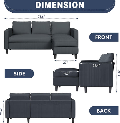 Shintenchi Small Convertible Sectional Couch with Movable Ottoman, 3 Seat L Shaped Sofa with Corduroy, Upholstered Sectional Sofa, Small Couches for Living Room, Apartments, Office (Dark Grey)