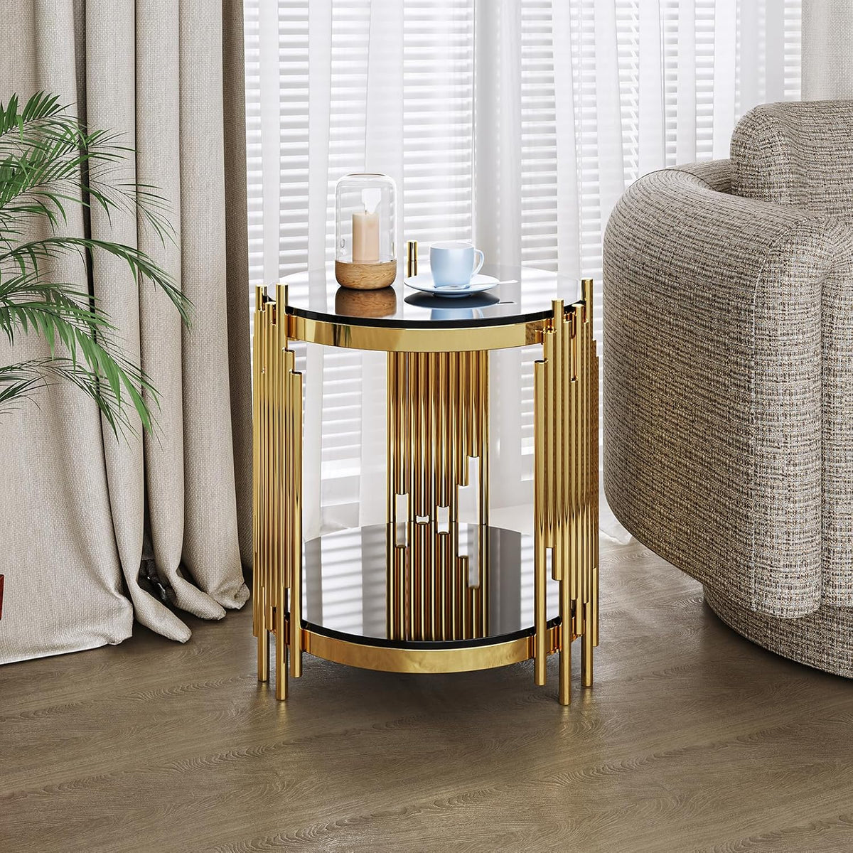 17.72" Round Sofa Side Table, 2-Tier Black Tempered Glass End Table with Gold Stainless Steel Frame for Living Room, Office & Café