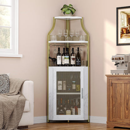 GarveeHome Corner Wine Cabinet with Detachable Wine Rack, 5-Tier Industrial Corner Bar Cabinet with Barn Door and Glass Holder, Farmhouse Buffet Cabinet and Home Bar, Gold