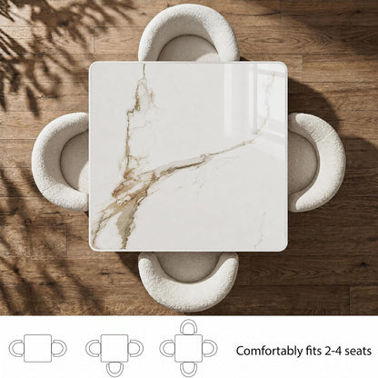 Square Dining Table,31.5'' Small Modern Square Dining Table, Sintered Stone Tulip Tables for 2–4 with Aluminum Alloy Edge&White Metal Base, Bistro Tables for Restaurants/Small Spaces/Marble White Gold