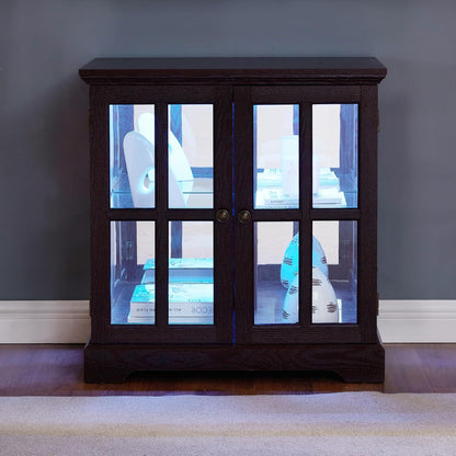 KEIKI Lighted Curio Cabinet, Glass Display Cabinet with 2 Doors & Adjustable Shelves, LED Light Strip, Cherry
