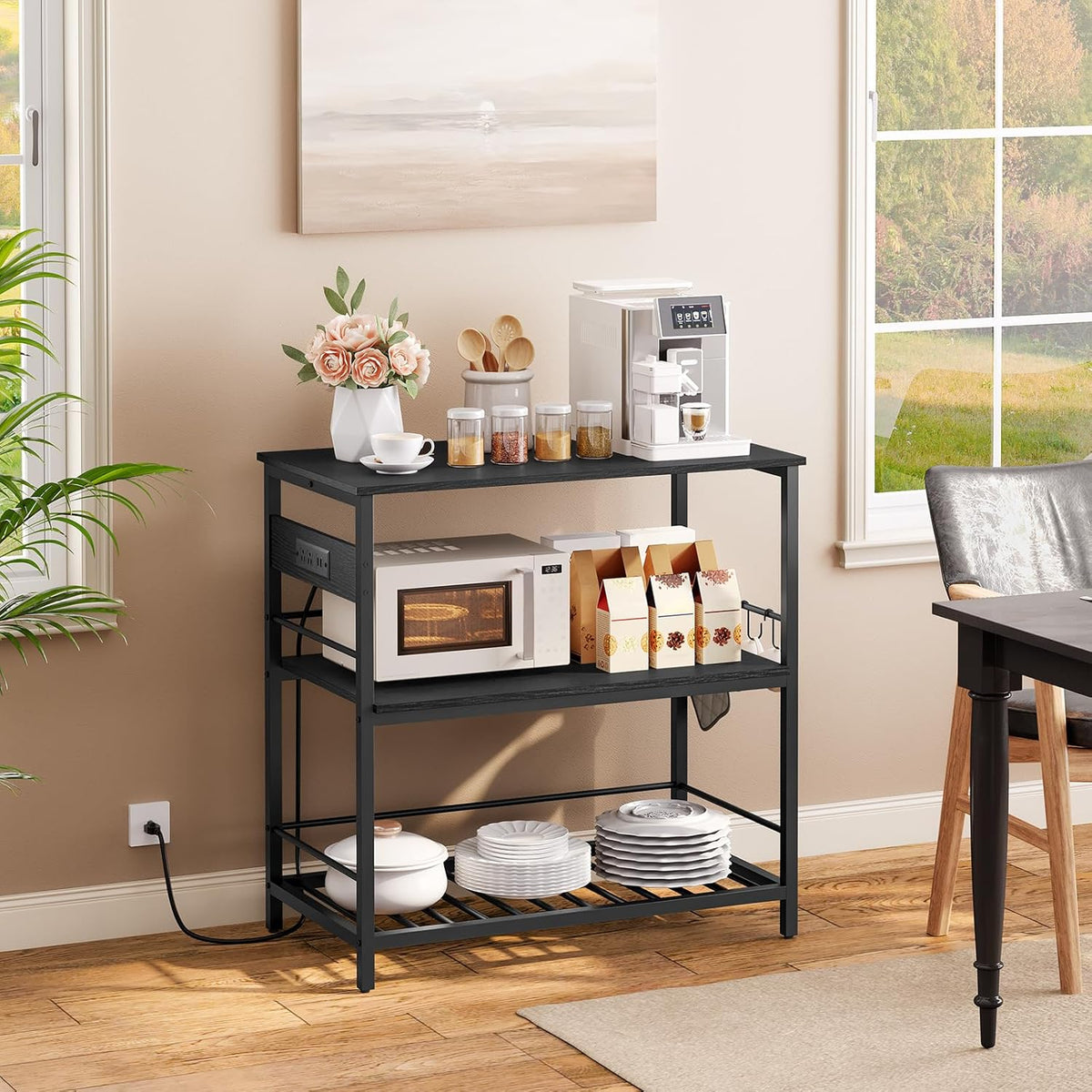 HOOBRO Kitchen Island with Storage, Kitchen Island Table with Power Outlet, 35.4" L 3 Tier Coffee Station and Microwave Stand, for Home, Kitchen and Dining Room, Black BB021ZD01