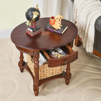 Solid Wood Oval End Table with Drawer, 28"x24" Sofa Side Table with Patterned Top and Vintage Carved Edge, Cherry Walnut Finish for Living Room or Bedroom