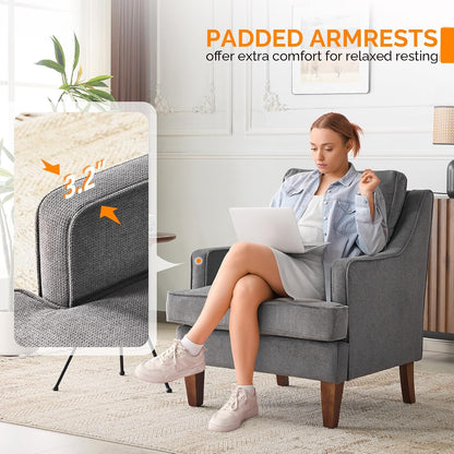 VINGLI Mid-Century Modern Accent Chair, Light Grey Upholstered Armchair Comfy Sofa Chair Reading Chair High Back for Living Room Bedroom Furniture Apartment