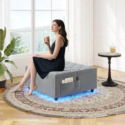 Dnxao Ottoman Coffee Table with Storage and Tray for Living Room, Gray | Tufted Velvet Large Square Ottoman with LED Lights and Charging Station, Multi-Functional Footrest with Storage Pockets