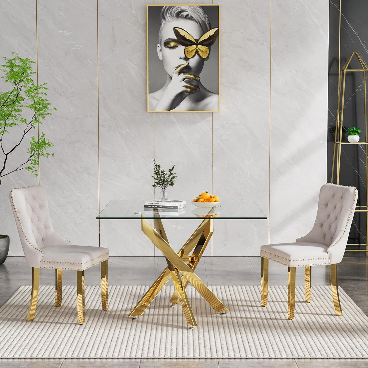 Henf 36'' Tempered Glass Dining Table for 2-4 People, Square Kitchen Table with Gold X-Base Metal Legs, Adjustable Feet, Glass Desk for Small Space, Gold Square Dining Room Table for 4