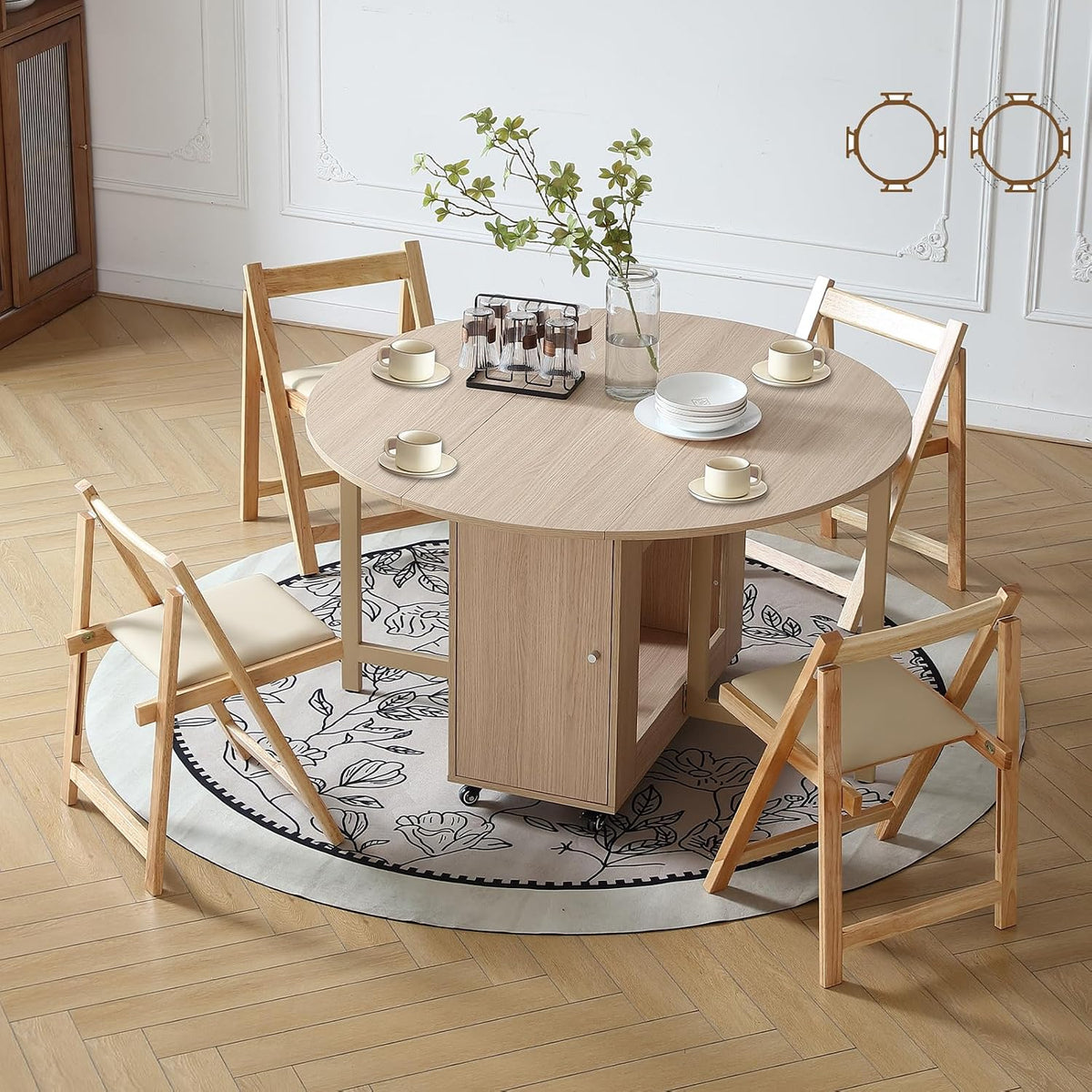 COMUHOME Wood Round Folding Dining Table with 6 Chairs, 47.3" Folding Table and Chairs with Storage Shelf Metal Legs for Home Dining Room Living Room, Space Saving Foldable Dining Table with 6 Chairs