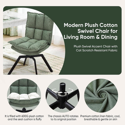 Swivel Dining Chairs Set of 6, Mid-Century Modern Chairs with Linen Fabric, High Back with High-Density Stuffed PP Cotton & Automatic Swivel Metal Legs, Suitable for Kitchen & Living Room(Green)