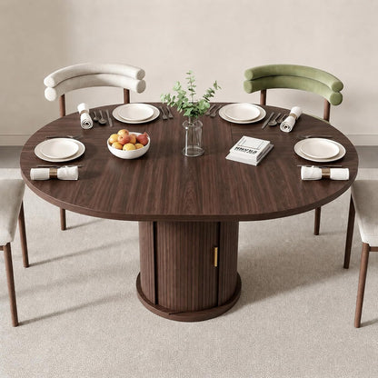 47 63" Extendable Round Wooden Dining Kitchen Table | 4-8 Seat Height Adjustable Shelf,23.6" Dust-Proof Storage Sturdy Pedestal Base,1.2" MDF Tabletop, Apartment,Natural