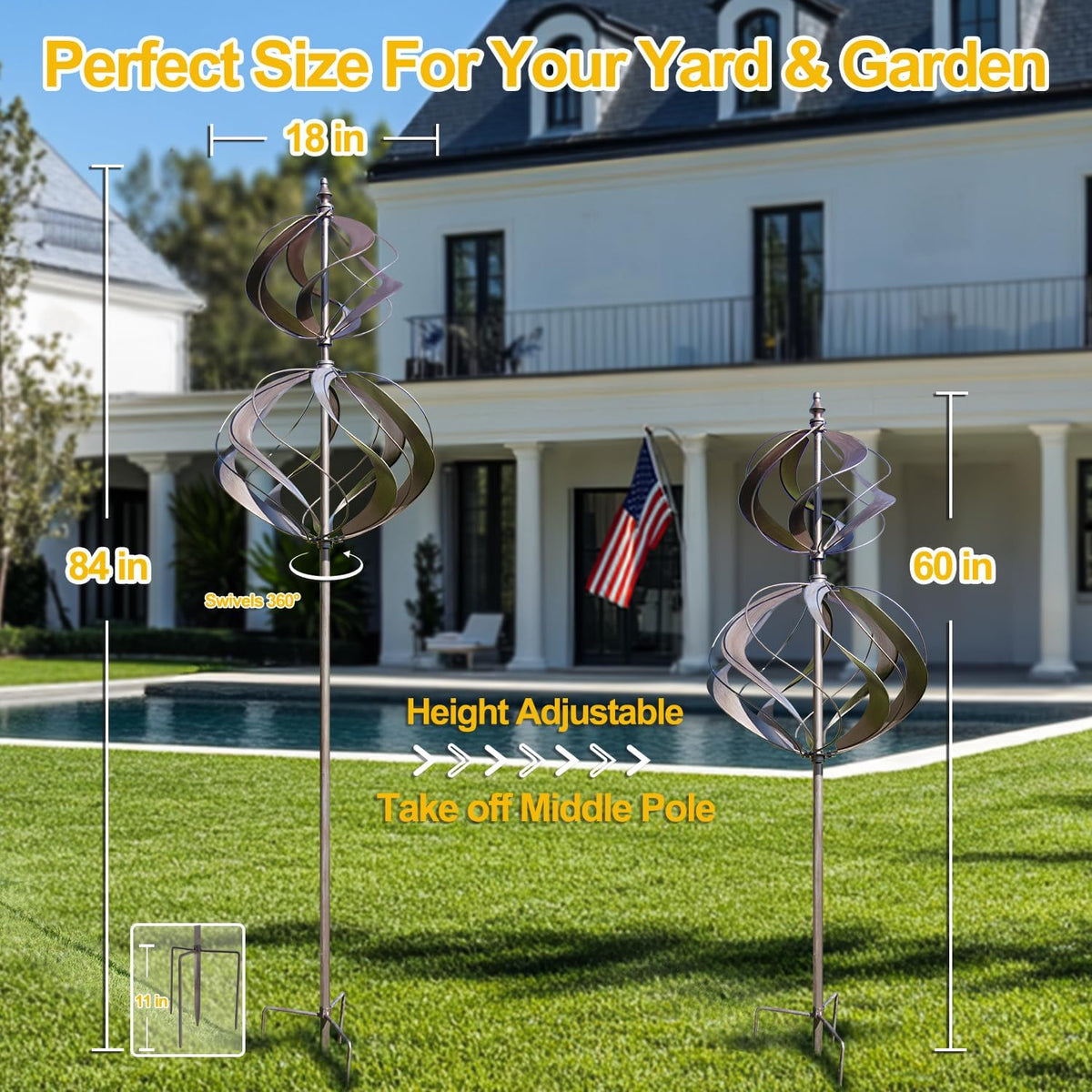 LimeHill Wind Spinner for Yard and Garden - Large Metal Windspinners for Outdoor Decorations (Silver Spherality)
