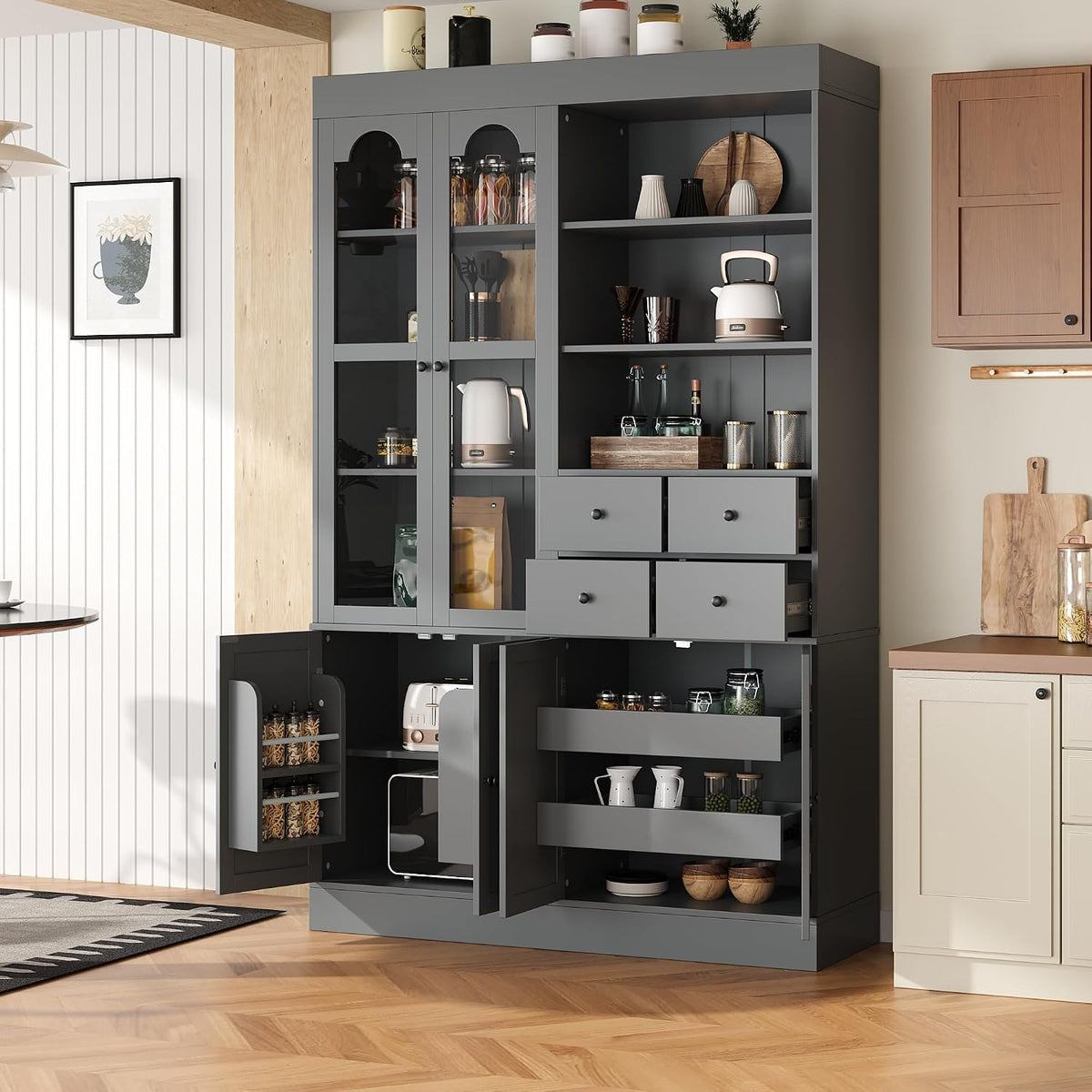 Freestanding Kitchen Pantry Cabinet with Drawers, Shelves, Gray | Freestanding tall buffet with 4 drawers, door shelves, pull-out trays, 47.2x15.7x75 inches, gray finish, for dining room