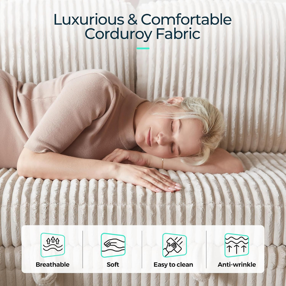 LINSY HOME Sectional Couches for Living Room, 81" U Shape 6 Seats, Beige | Sleeper sofa with pull out couch bed, corduroy couch with storage