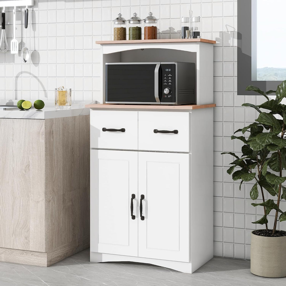 Microwave Stand with Storage, Kitchen Pantry Storage Cabinet with Drawer and Adjustable Shelf, Microwave Cabinet with Open Space for Kitchen, Dining Room, White