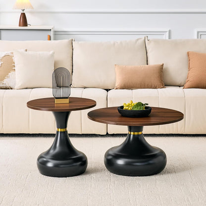 Nesting Coffee Table Set of 2, Modern Rustic Round Wood Center Table Set | French Luxury Circle Tea Table Set with Pedestal Base for Living Room, Apartment, Bedroom, Reception Room, Black and Walnut