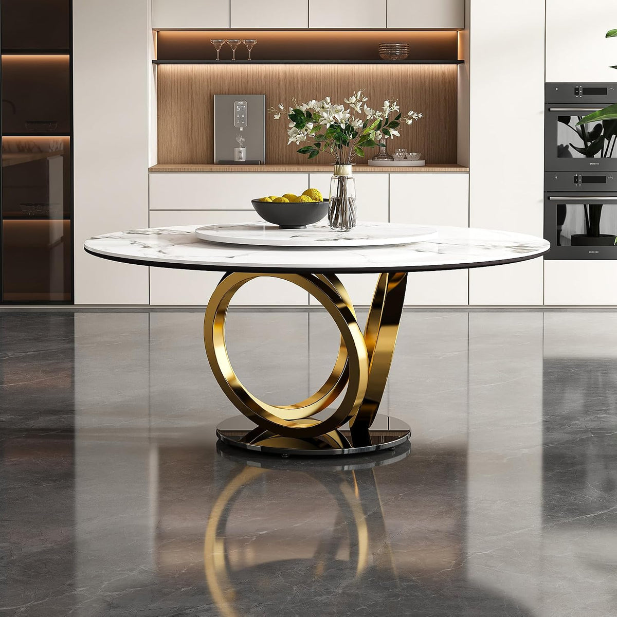 Leavader 59" Round Sintered Stone Dining Table with 31.5" Detachable Turntable Design, Modern White Artificial Dining Room Table for 6-8 (White & Golden 2)