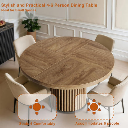 Oigavfd Black Round Dining Table for 4-6 People 47" Circle Dining Table with MDF Top and Fluted Base Round Kitchen Tables Sturdy 300 Lbs for Family Gatherings (Brown)