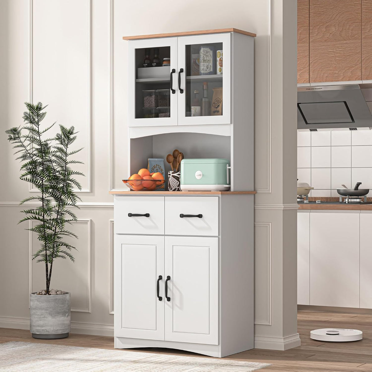 Kitchen Pantry Storage Cabinet with Framed Glass Doors and Drawer, Microwave Stand with Adjustable Shelves, Freestanding Cupboard for Kitchen, Dining Room or Apartment