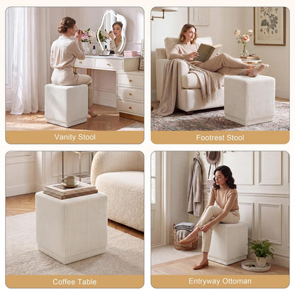 Homebeez Modern Square Ottoman, Vertical Channel Tufted Foot Stool Ottoman, Corduroy Velvet Upholstered Vanity Stool for Makeup, Bedroom, Living Room, Cream White
