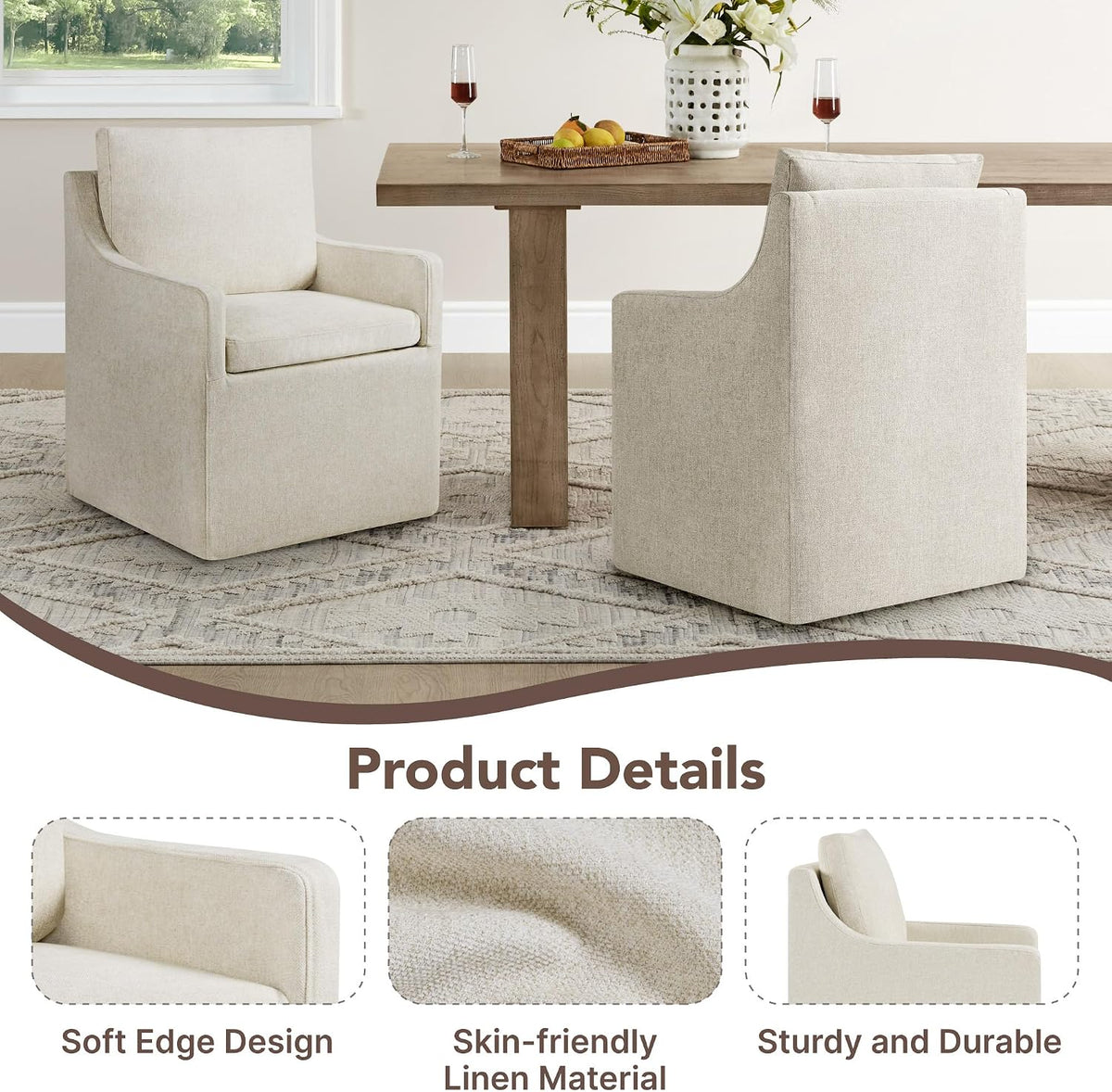KISLOT Upholstered Dining Chairs Set of 1 with Washable Cover, Oatmeal | Modern Rolling Dining Room Chairs with Casters, Hidden Storage Seat, Linen Look Fabric, Padded Kitchen Accent Chairs