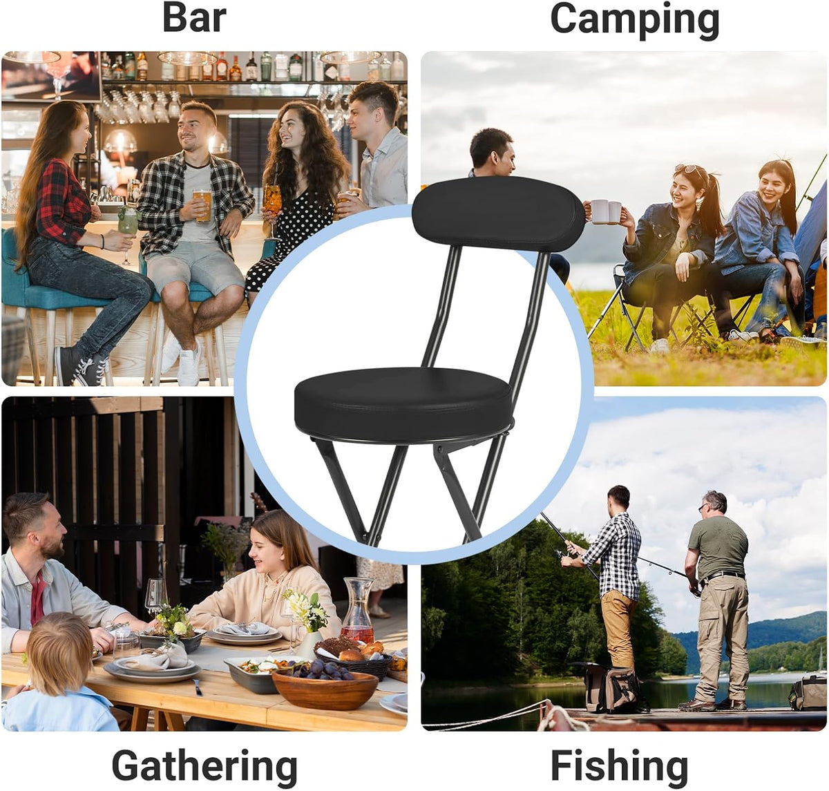 Cushioned Padded Folding Stools, Folding Bar Stool with Backrest, 220lb Capacity, 19 Inch Collapsible Round Portable Foldable Chair for Outdoor Indoor Kitchen Camping Fishing (Black, 2 Pack)