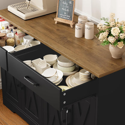 HOSTACK Buffet Cabinet with Storage, 47.2" Kitchen Sideboard Buffet with Drawers, Modern Farmhouse Coffee Bar Station with Shelves, Barn Doors Storage Cabinet for Living Room, Black/Rustic Brown