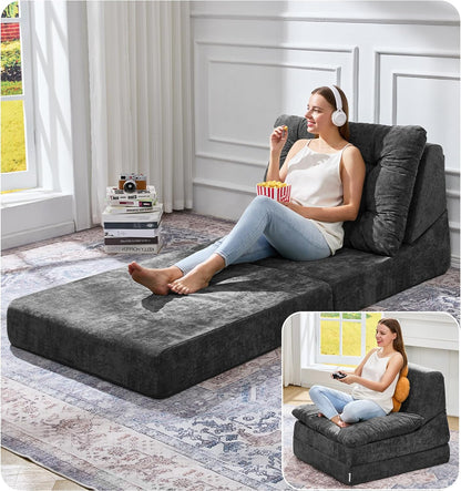Hobestluk Sofa Couch Folding Sofa Bed Comfy Floor Lounger Convertible Sofa with Removable Cushion Couches for Small Spaces Foldable Mattress for Living Room Bedroom or Office (Chenille Grey, Large)